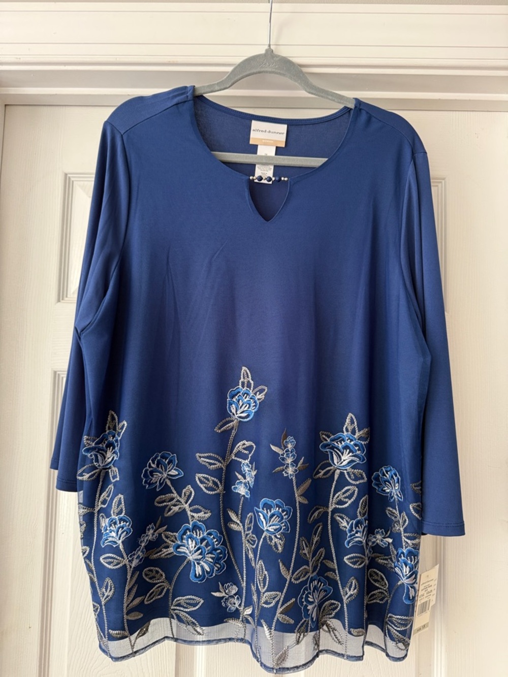 Alfred Dunner Royal Blue Embroidered Floral Long-Sleeve Top